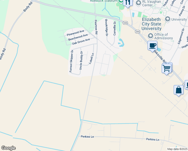 map of restaurants, bars, coffee shops, grocery stores, and more near 1748 Peartree Road in Elizabeth City