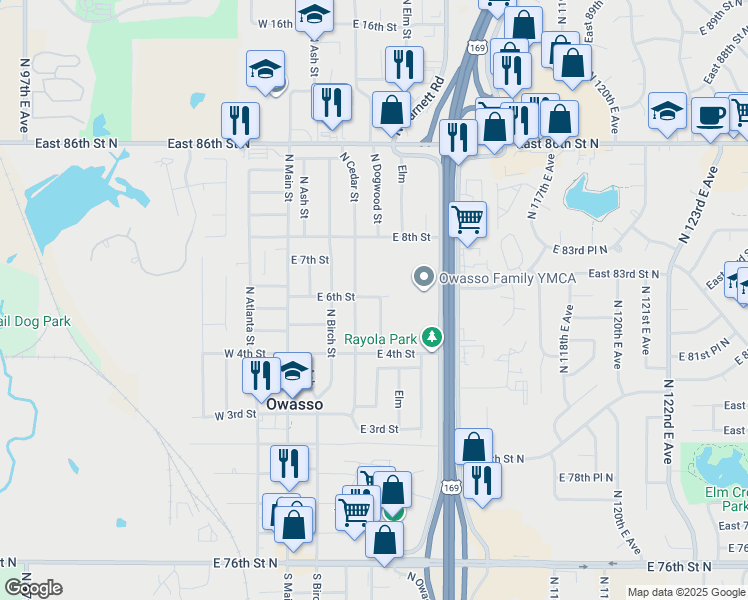 map of restaurants, bars, coffee shops, grocery stores, and more near 510 North Dogwood Street in Owasso