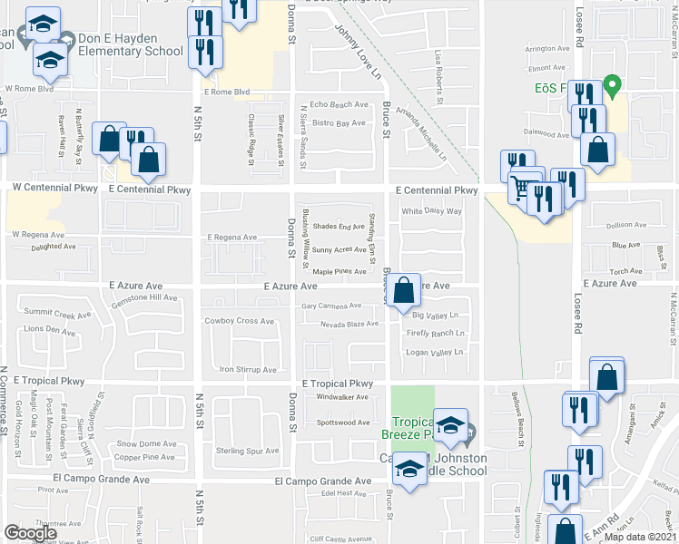 map of restaurants, bars, coffee shops, grocery stores, and more near Maple Pines Avenue in North Las Vegas