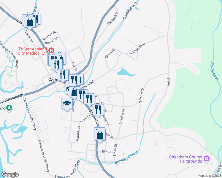 map of restaurants, bars, coffee shops, grocery stores, and more near 105 Fairview Circle in Ashland City