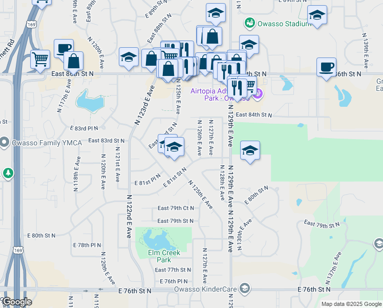 map of restaurants, bars, coffee shops, grocery stores, and more near 8211 North 125th East Avenue in Owasso