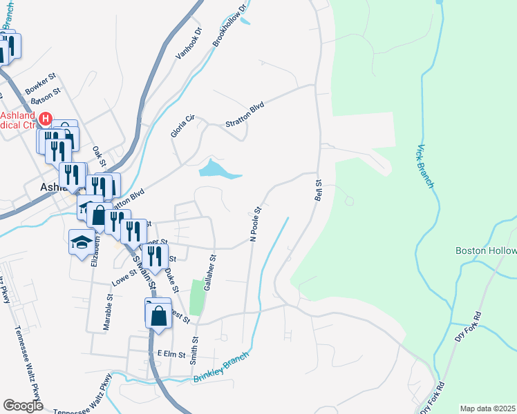 map of restaurants, bars, coffee shops, grocery stores, and more near 134a North Poole Street in Ashland City