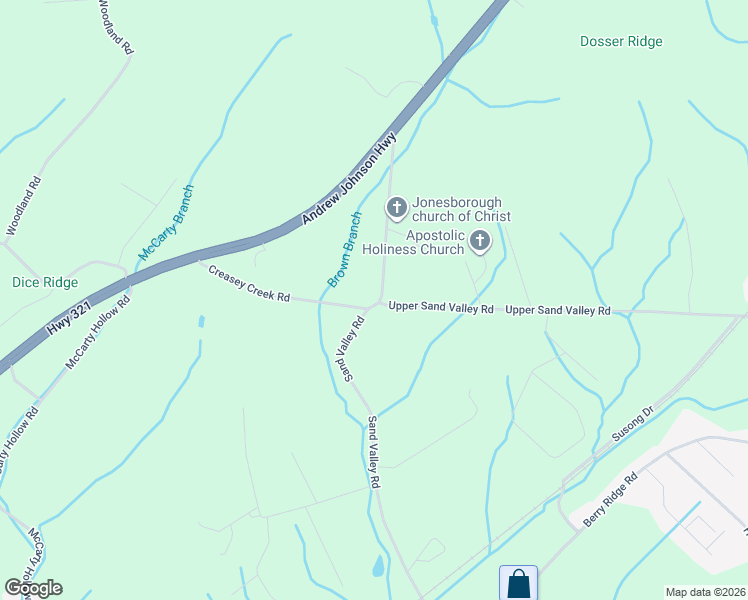 map of restaurants, bars, coffee shops, grocery stores, and more near 104 Sand Valley Road in Jonesborough
