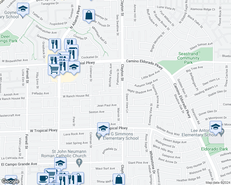 map of restaurants, bars, coffee shops, grocery stores, and more near 2104 West Ranch House Road in North Las Vegas