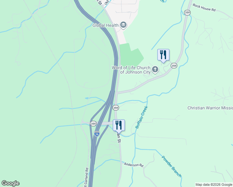 map of restaurants, bars, coffee shops, grocery stores, and more near S Roan St & Okolona Rd in Johnson City