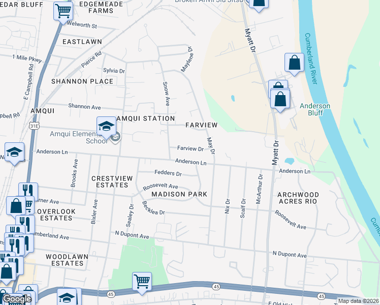 map of restaurants, bars, coffee shops, grocery stores, and more near 615 Anderson Lane in Nashville