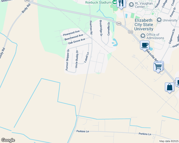 map of restaurants, bars, coffee shops, grocery stores, and more near 1748 Peartree Rd in Elizabeth City