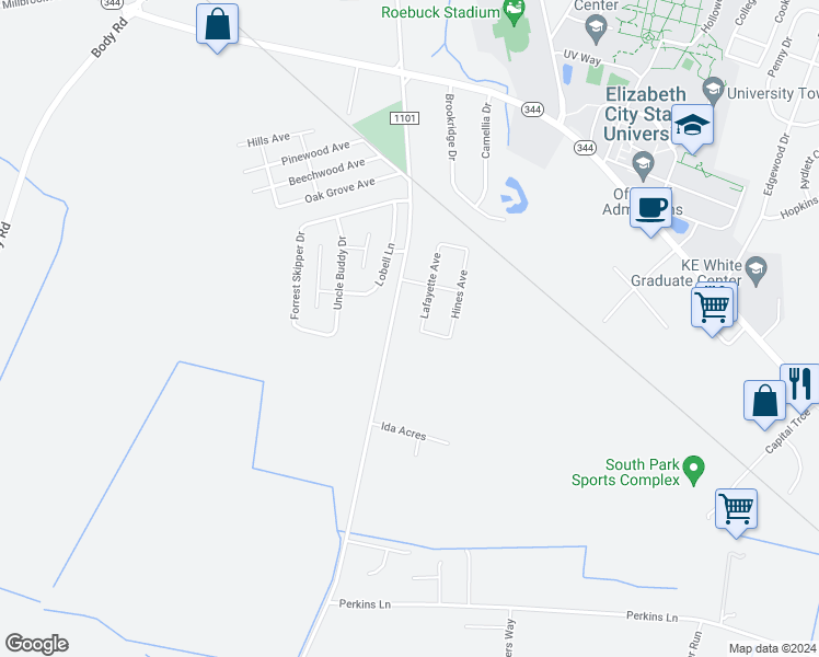 map of restaurants, bars, coffee shops, grocery stores, and more near 207 Lafayette Avenue in Elizabeth City