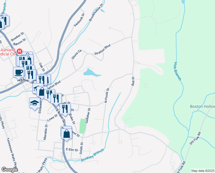 map of restaurants, bars, coffee shops, grocery stores, and more near 134a North Poole Street in Ashland City