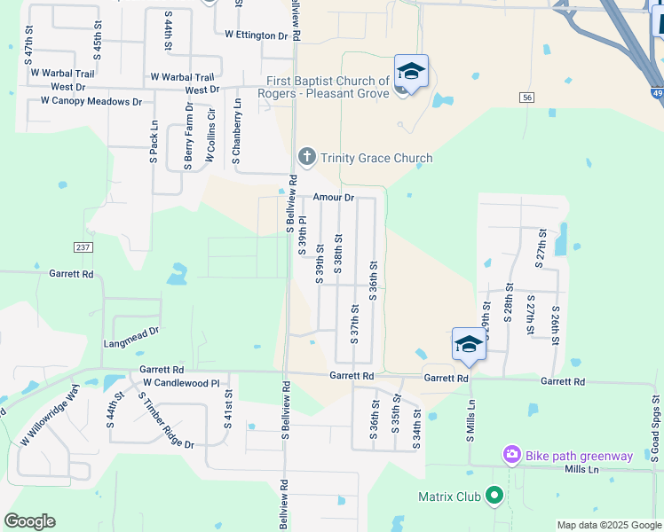 map of restaurants, bars, coffee shops, grocery stores, and more near 6110 South 38th Street in Rogers