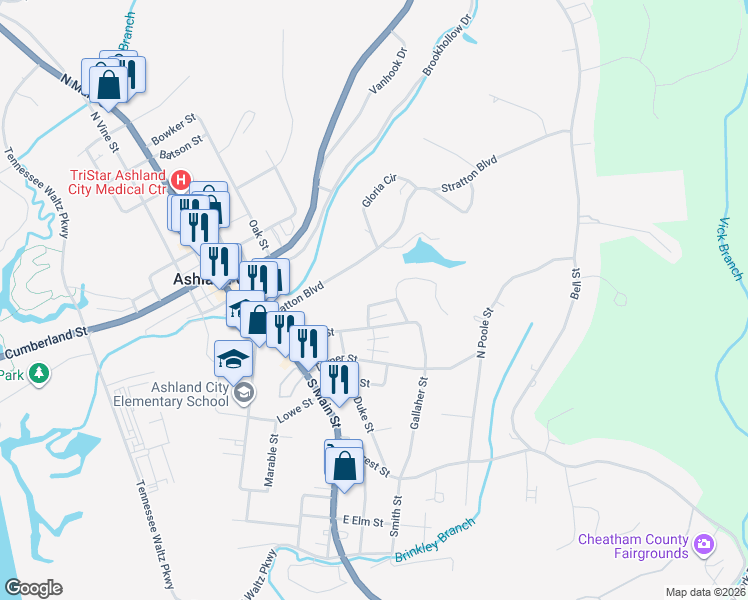 map of restaurants, bars, coffee shops, grocery stores, and more near 105 Fairview Circle in Ashland City