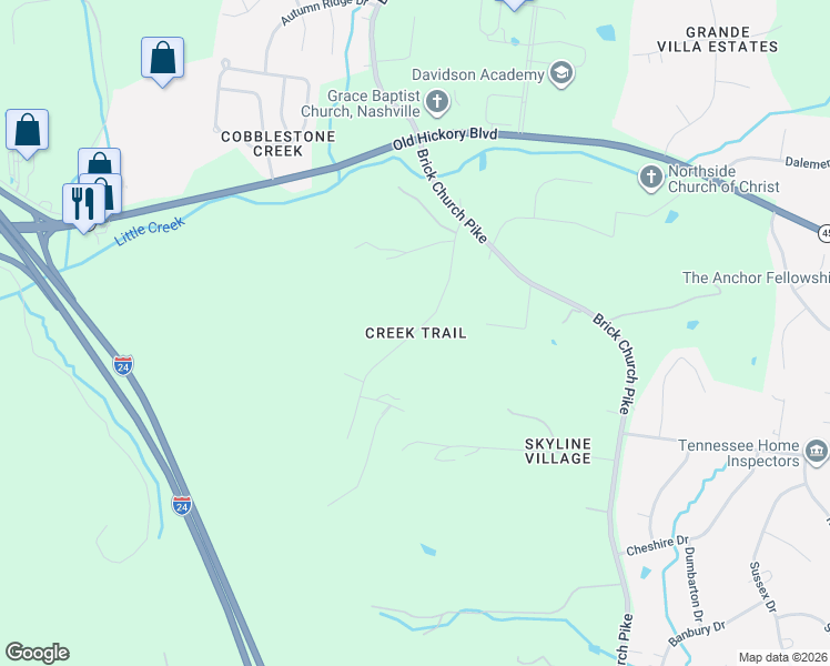 map of restaurants, bars, coffee shops, grocery stores, and more near Creek Trail Drive in Nashville
