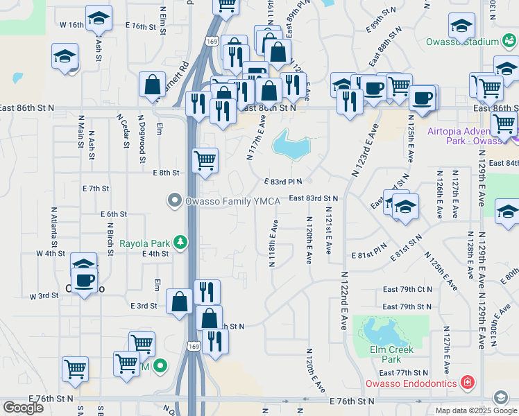 map of restaurants, bars, coffee shops, grocery stores, and more near 8225 North 117th East Avenue in Owasso