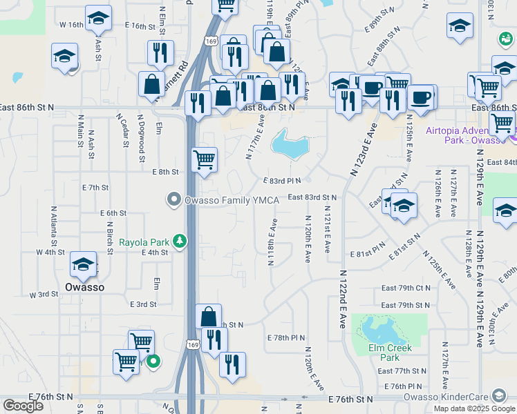 map of restaurants, bars, coffee shops, grocery stores, and more near 8225 North 117th East Avenue in Owasso