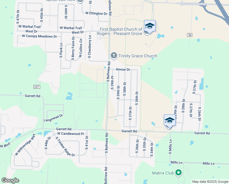 map of restaurants, bars, coffee shops, grocery stores, and more near 6112 South 39th Place in Rogers