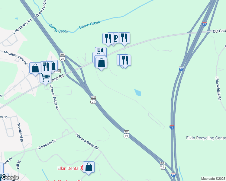 map of restaurants, bars, coffee shops, grocery stores, and more near 269 Candle Wycke Lane in Elkin