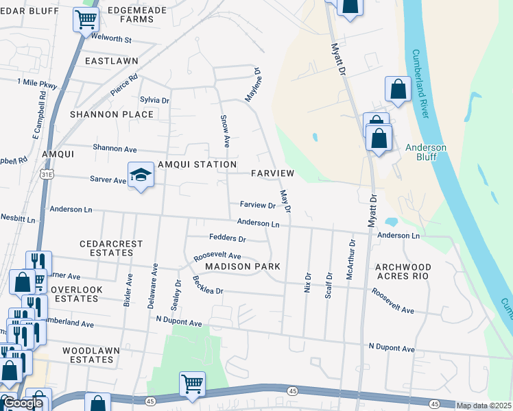 map of restaurants, bars, coffee shops, grocery stores, and more near 615 Anderson Lane in Nashville