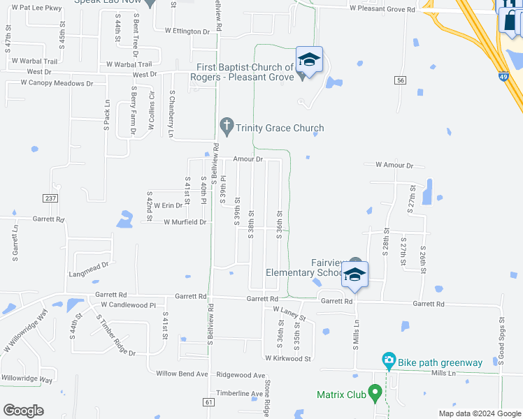 map of restaurants, bars, coffee shops, grocery stores, and more near 6108 South 37th Street in Rogers