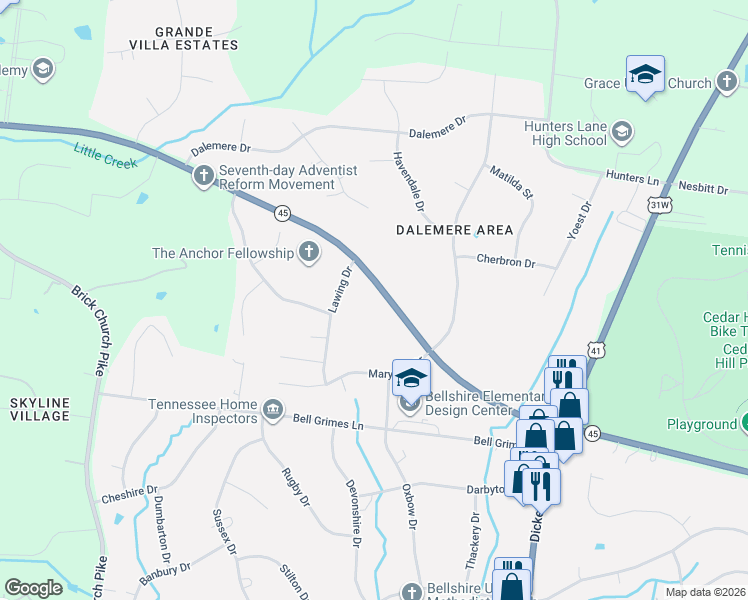 map of restaurants, bars, coffee shops, grocery stores, and more near 3983 Lawing Drive in Nashville