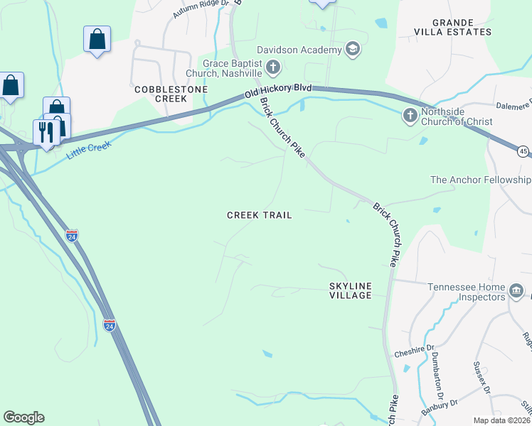 map of restaurants, bars, coffee shops, grocery stores, and more near 4171 Creek Trail Drive in Nashville