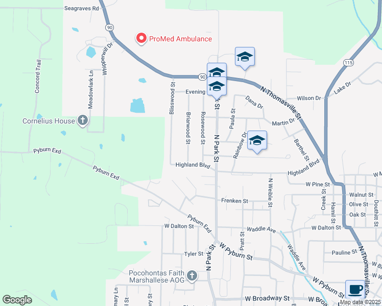 map of restaurants, bars, coffee shops, grocery stores, and more near 1802 Briarwood Street in Pocahontas