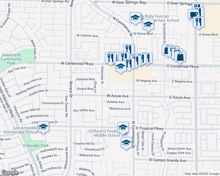 map of restaurants, bars, coffee shops, grocery stores, and more near 422 Mindoro Avenue in North Las Vegas
