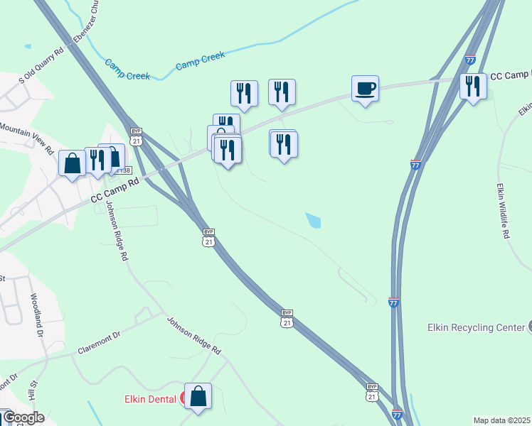 map of restaurants, bars, coffee shops, grocery stores, and more near 259 PGW Drive in Elkin