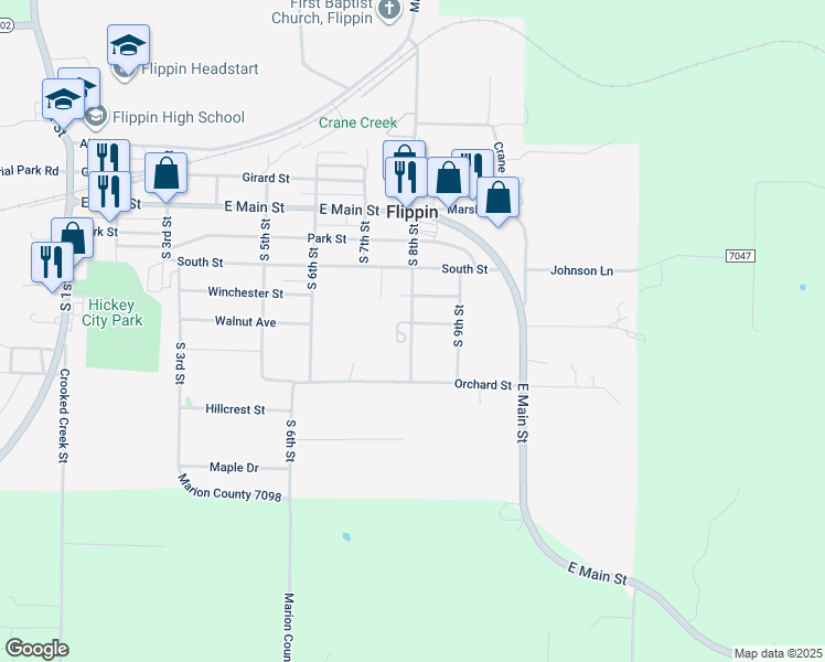 map of restaurants, bars, coffee shops, grocery stores, and more near 800 Winchester Street in Flippin