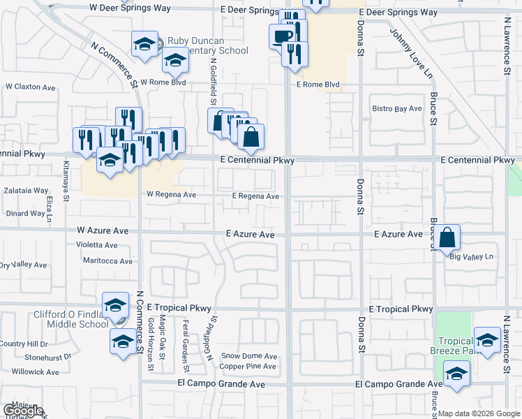 map of restaurants, bars, coffee shops, grocery stores, and more near 14 East Regena Avenue in North Las Vegas
