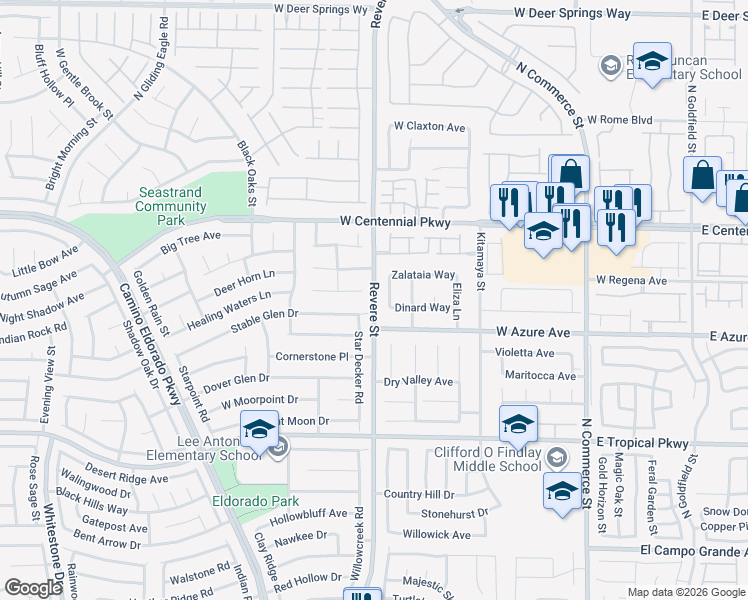 map of restaurants, bars, coffee shops, grocery stores, and more near Revere Street in North Las Vegas