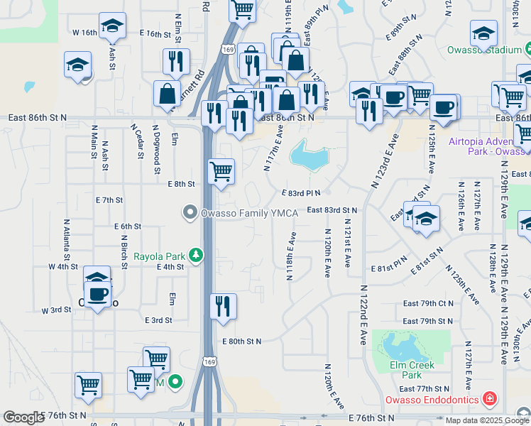 map of restaurants, bars, coffee shops, grocery stores, and more near 11706 East 83rd Street North in Owasso