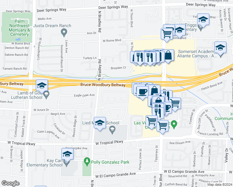 map of restaurants, bars, coffee shops, grocery stores, and more near 5209 Fall Meadows Avenue in Las Vegas