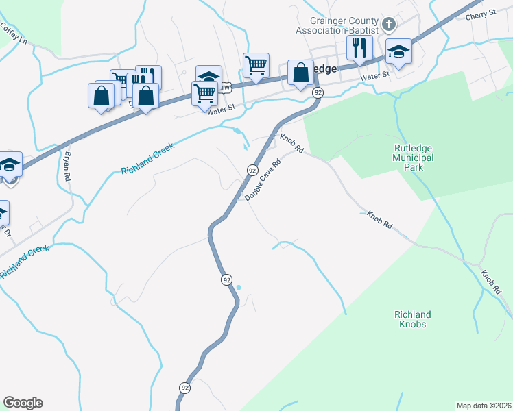 map of restaurants, bars, coffee shops, grocery stores, and more near 138 Double Cave Road in Rutledge