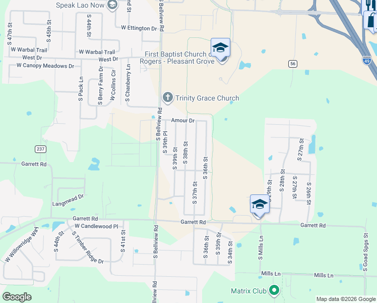 map of restaurants, bars, coffee shops, grocery stores, and more near 6016 South 38th Street in Rogers