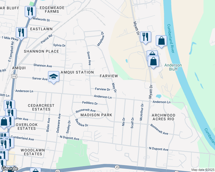 map of restaurants, bars, coffee shops, grocery stores, and more near 529 May Drive in Nashville