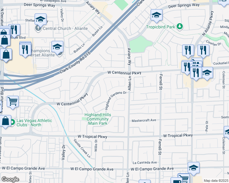 map of restaurants, bars, coffee shops, grocery stores, and more near 6245 Highland Gardens Drive in North Las Vegas