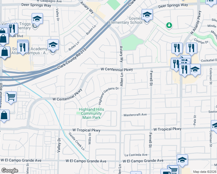 map of restaurants, bars, coffee shops, grocery stores, and more near 6249 Highland Gardens Drive in North Las Vegas