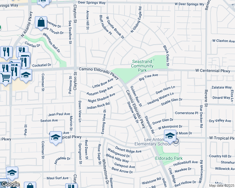 map of restaurants, bars, coffee shops, grocery stores, and more near 1705 Night Shadow Avenue in North Las Vegas