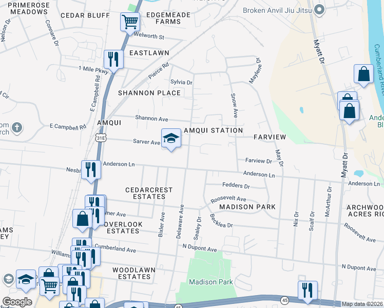 map of restaurants, bars, coffee shops, grocery stores, and more near 701 Ellie Drive in Nashville