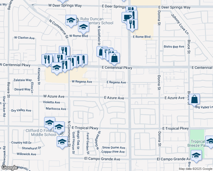 map of restaurants, bars, coffee shops, grocery stores, and more near 125 East Regena Avenue in North Las Vegas