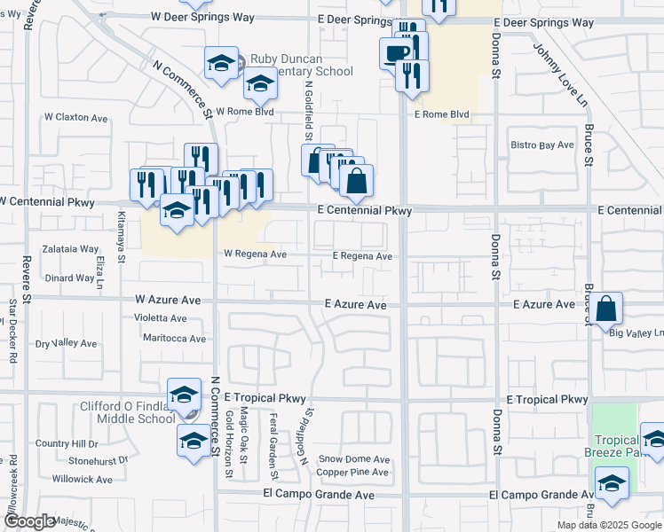 map of restaurants, bars, coffee shops, grocery stores, and more near 125 East Regena Avenue in North Las Vegas