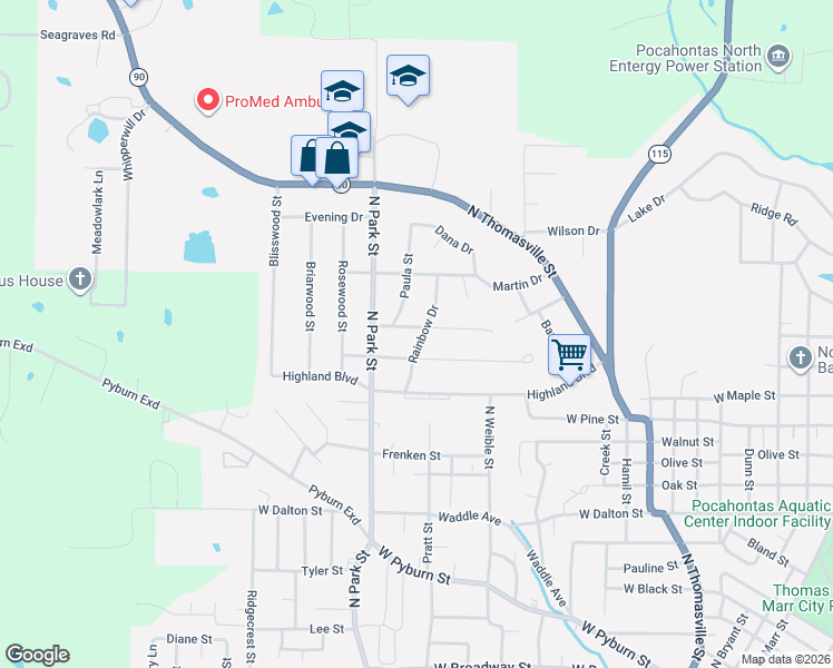 map of restaurants, bars, coffee shops, grocery stores, and more near 1906 Paula Street in Pocahontas