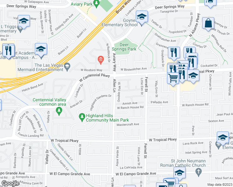 map of restaurants, bars, coffee shops, grocery stores, and more near 6233 Double Oak Street in North Las Vegas