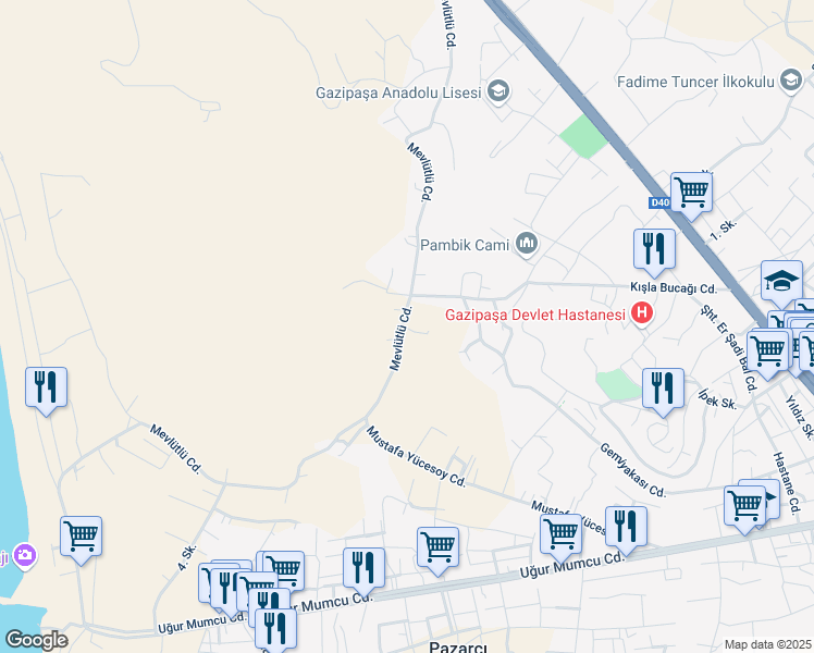 map of restaurants, bars, coffee shops, grocery stores, and more near 232 Mevlütlü Caddesi in Gazipaşa