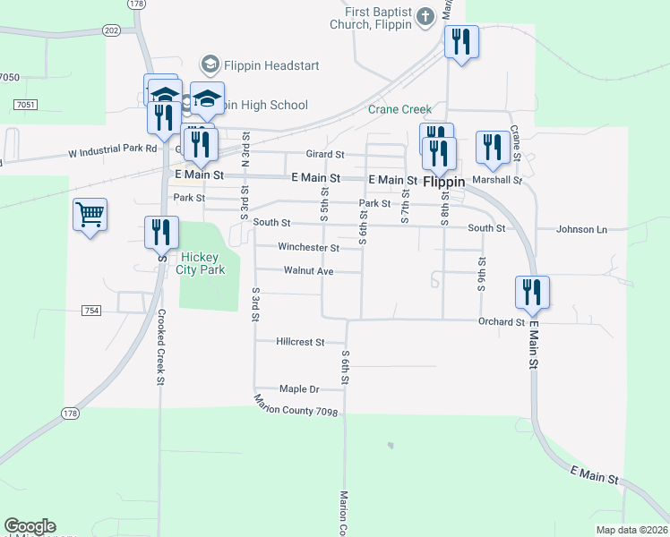 map of restaurants, bars, coffee shops, grocery stores, and more near 509 Walnut Avenue in Flippin