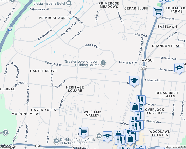 map of restaurants, bars, coffee shops, grocery stores, and more near 528 Amquiwood Court in Nashville