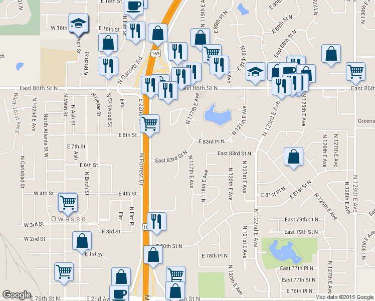 map of restaurants, bars, coffee shops, grocery stores, and more near 11706 East 83rd Street North in Owasso