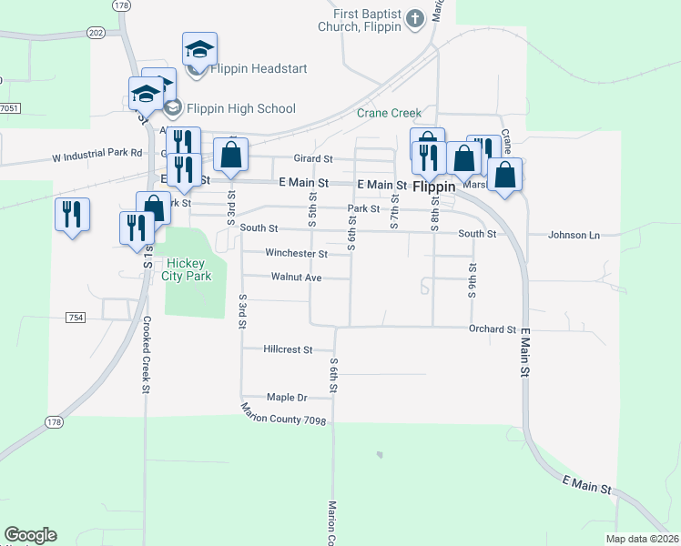 map of restaurants, bars, coffee shops, grocery stores, and more near 509 Walnut Avenue in Flippin