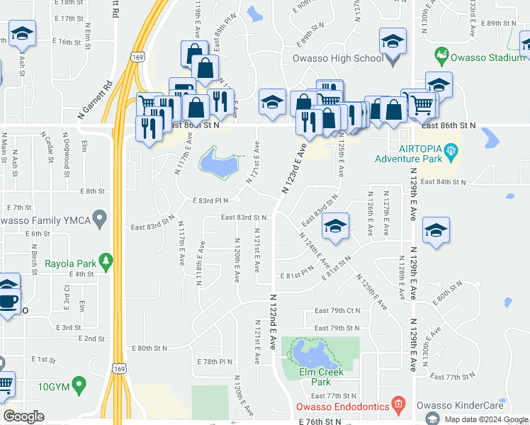 map of restaurants, bars, coffee shops, grocery stores, and more near 12103 East 83rd Street North in Owasso