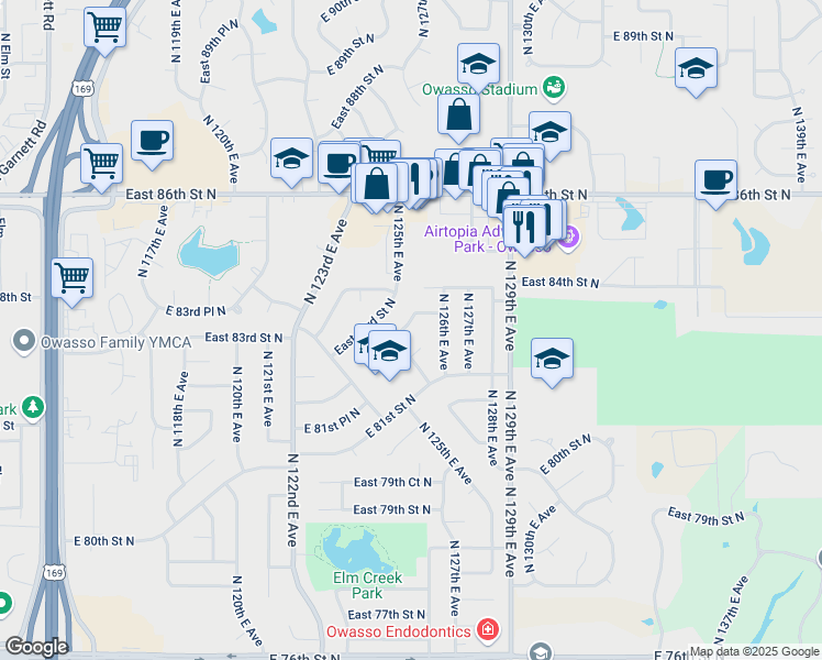 map of restaurants, bars, coffee shops, grocery stores, and more near 12546 East 83rd Street North in Owasso